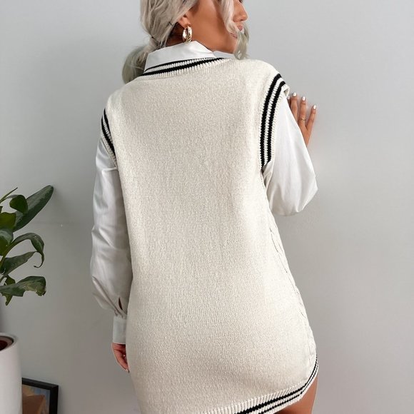 White Preppy Womens Striped Trim Cable Knit Sweater Dress - Picture 2 of 5